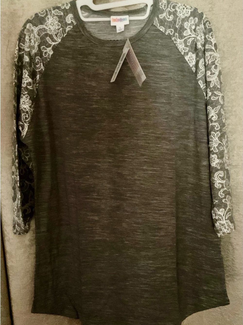 LuLaRoe Charcoal Raglan Top with White Floral Lace Sleeves L